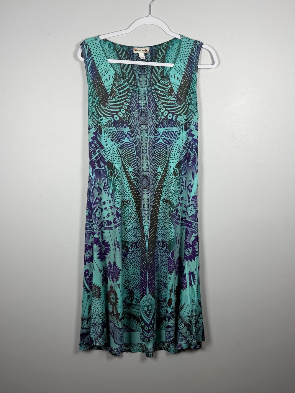 Unity World Wear Sun Dress Large Abstract Aztec Resort Vacation Slinky Teal Boho